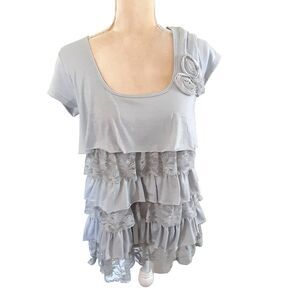 Mascara pale gray tiered ruffled L top polyester rayon cap sleeve
